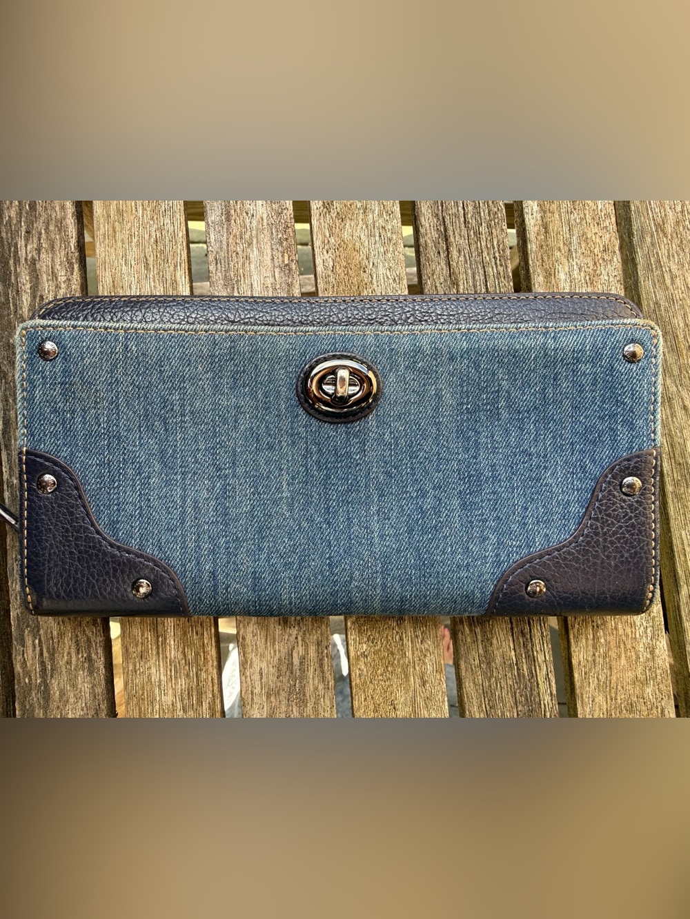 Coach Mercer Denim & Navy Leather Turn lock Zip Accordion Wallet RARE!